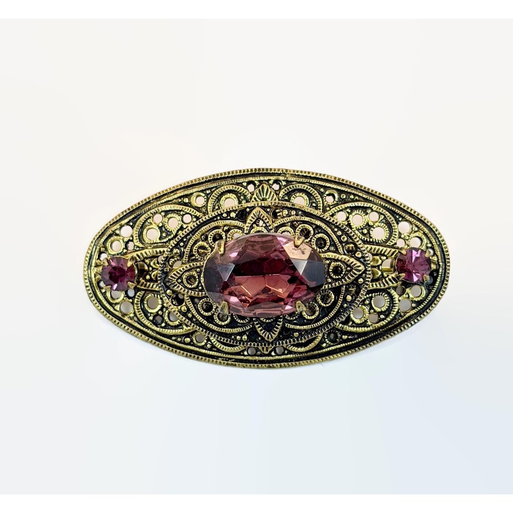 Vintage Art Nouveau Style Brooch Purple Glass Czech Style Filagree Gold Tone